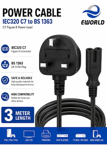 3M UK Figure 8 Power Cable &ndash; IEC C7 Replacement Power Cord with 13A Fused BS1363 3-Pin Plug, 2.5A 250V, Black