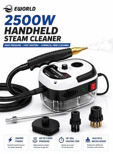 Handheld Steam Cleaner 2500W &ndash; High Pressure Portable Steam Cleaning Machine with 6-Level Steam Control &amp; Brush Heads