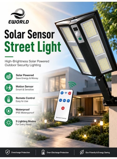 Solar LED Street Light with PIR Motion Sensor &ndash; Remote Control, 3 Lighting Modes, IP65 Waterproof Outdoor Security Light