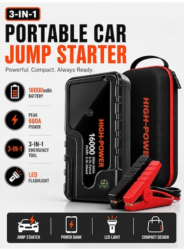 16000mAh Jump Starter Power Bank with 300A/600A Peak Current &ndash; 12V Car Battery Booster, Dual USB Output, USB-C Rechargeable, LED Flashlight &amp; Digital Display