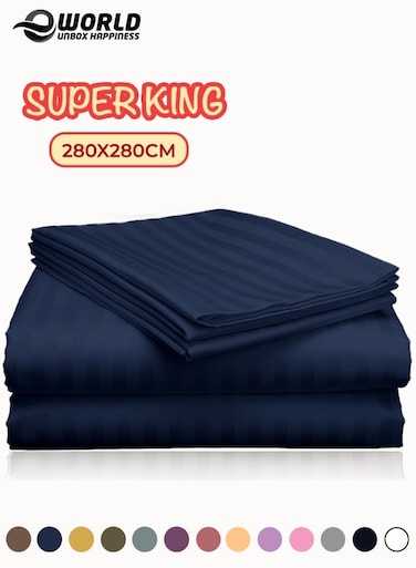 3 Piece Super King Navy Blue Striped Bed Sheet Set &ndash; Ultra-Soft Microfiber Sheet with 2 Pillowcases, Luxury Bedding for Home &amp; Hotel