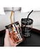 13oz / 400ml Brown Double Wall Glass Tumbler with Lid &amp; Straw &ndash; Insulated Thick Glass Mug   Pack of 2