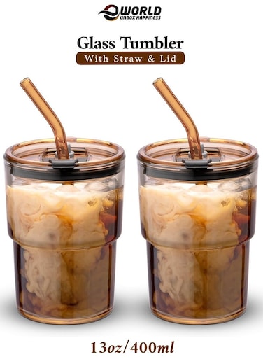 13oz / 400ml Brown Double Wall Glass Tumbler with Lid &amp; Straw &ndash; Insulated Thick Glass Mug   Pack of 2