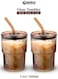 13oz / 400ml Brown Double Wall Glass Tumbler with Lid &amp; Straw &ndash; Insulated Thick Glass Mug   Pack of 2