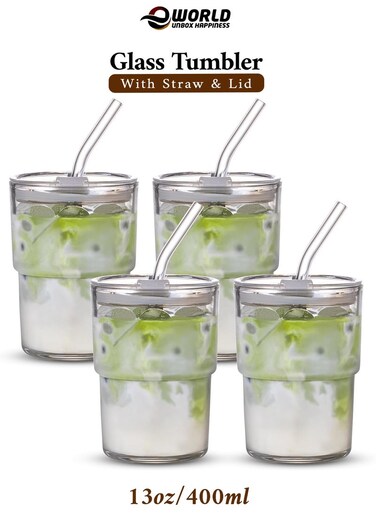 13oz / 400ml Clear Double Wall Glass Tumbler with Lid &amp; Straw &ndash; Insulated Thick Glass Mug   Pack of 4