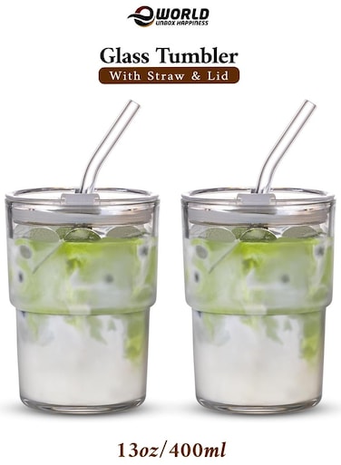 13oz / 400ml Clear Double Wall Glass Tumbler with Lid &amp; Straw &ndash; Insulated Thick Glass Mug   Pack of 2