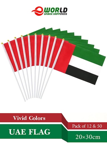 UAE Handheld Flags for National Day   30 x 20 cm Mini Flags with Stick   Emirati Flags for Home, Cars, Offices &amp; Schools   Pack of 12