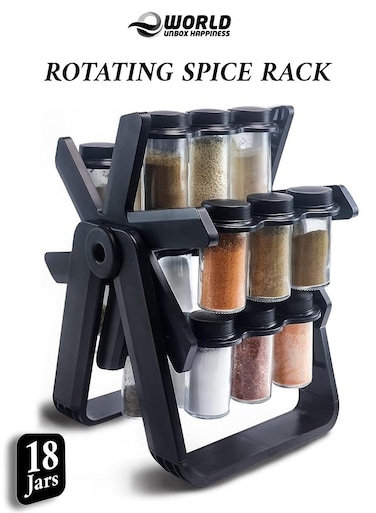 360&deg; Rotating Spice Rack with 18 Clear Jars   Space-Saving Countertop Organizer for Herbs &amp; Seasonings