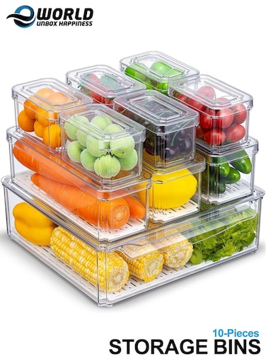 10-Pack Fridge Organizer Bins with Lids, Stackable BPA-Free Refrigerator Storage Containers with Drain Tray for Fruits, Vegetables, Drinks &amp; Pantry