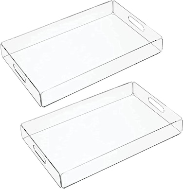 Clear Acrylic Serving Trays with Handles, Rectangular Set of 2 &ndash; Multipurpose Organizer &amp; Decorative Trays for Coffee Table, Food, Wine, Makeup &amp; Home Use (15.2" x 11" x 2")