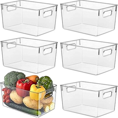 6Pcs Clear Plastic Storage Bins with Handles &ndash; BPA-Free Stackable Pantry &amp; Fridge Organizers for Kitchen, Cabinet, Bathroom &amp; More