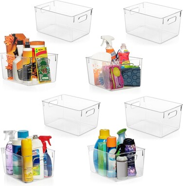 8Pcs Clear Plastic Storage Bins with Handles &ndash; BPA-Free Stackable Pantry &amp; Fridge Organizers for Kitchen, Cabinet, Bathroom &amp; More