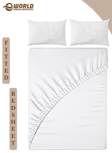 3-Piece King Size White Microfiber Fitted Bedsheet Set with Deep Pocket &amp; 2 Pillow Covers, Breathable &amp; Machine Washable