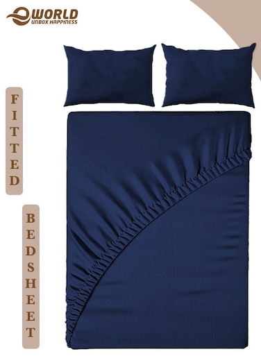 3-Piece Queen Size Blue Microfiber Fitted Bedsheet Set with Deep Pocket &amp; 2 Pillow Covers, Breathable &amp; Machine Washable