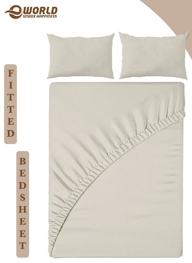 3-Piece King Size Cream Microfiber Fitted Bedsheet Set with Deep Pocket &amp; 2 Pillow Covers, Breathable &amp; Machine Washable