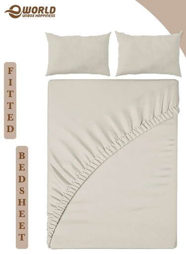 3-Piece Queen Size Cream Microfiber Fitted Bedsheet Set with Deep Pocket &amp; 2 Pillow Covers, Breathable &amp; Machine Washable