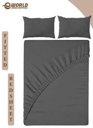 3-Piece Queen Size Grey Microfiber Fitted Bedsheet Set with Deep Pocket &amp; 2 Pillow Covers, Breathable &amp; Machine Washable