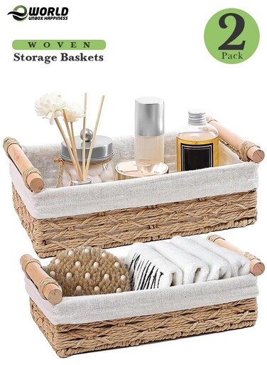 Set of 2 Rectangular Woven Storage Baskets with Washable Liners, Paper Rope Straw Rattan Baskets with Handles for Organizing Toys, Books, Cosmetics &amp; Daily Essentials