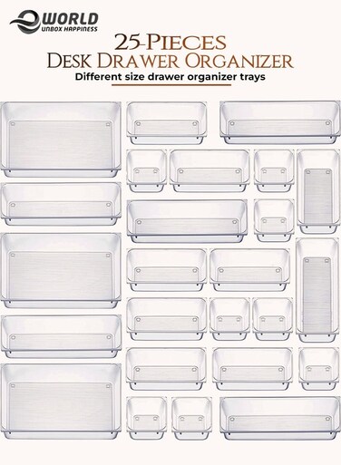 25-Piece Clear Plastic Drawer Organizer Trays, Stackable Drawer Dividers Storage Bins in 4 Sizes for Bathroom, Vanity, Makeup, Kitchen &amp; Office Accessories