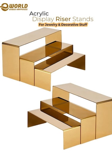 6 Pack Gold Acrylic Display Risers, 3 Sizes Jewelry &amp; Decorative Showcase Stands, Durable &amp; Elegant Plexiglass Display