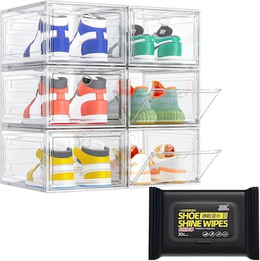 Set of 6 Clear Stackable Shoe Storage Boxes with Magnetic Doors, Interlocking Organizer Containers for Shoes, Clothes &amp; More