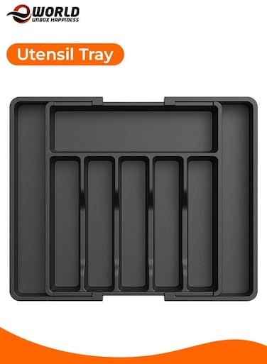 Expandable Silverware Drawer Organizer, Large Utensil Tray, BPA-Free Flatware &amp; Cutlery Holder, Sleek Black