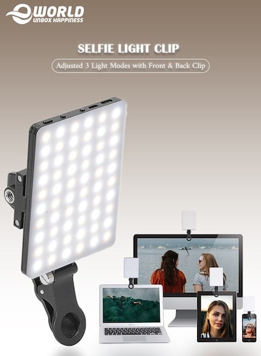 60-LED Rechargeable Selfie Light with Dual Clips, 3 Modes &amp; 10 Brightness Levels for Phones, Laptops &amp; Tablets