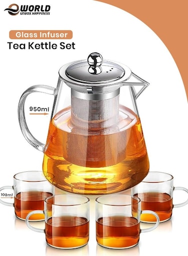 Glass Teapot Set with 4 Cups, 950ml Borosilicate Pot with Stainless Steel Infuser, Heat-Resistant, Stovetop &amp; Microwave Safe