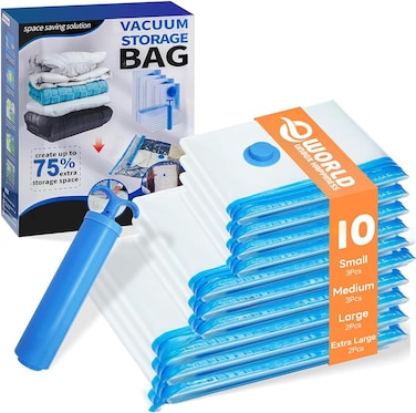 10 Pack Vacuum Storage Bags with Hand Pump, Multi-Size Space Saver Bags for Clothes, Blankets, Comforters &amp; Pillows, Reusable Compression Bags for Travel &amp; Home