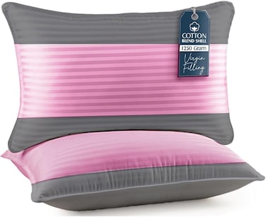 Pack of 2 Down Alternative Bed Pillows, 1250g Fill, Cotton Blend Cover, Hotel Quality, 50x75cm (Pink-Grey)