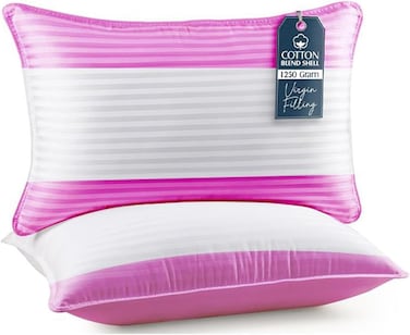 Pack of 2 Down Alternative Bed Pillows, 1250g Fill, Cotton Blend Cover, Hotel Quality, 50x75cm (Pink-White)