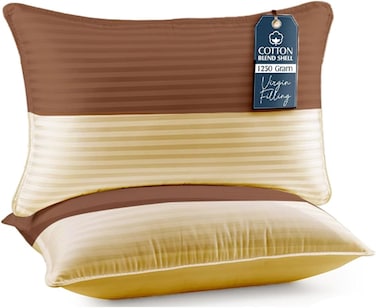 Pack of 2 Down Alternative Bed Pillows, 1250g Fill, Cotton Blend Cover, Hotel Quality, 50x75cm (Brown-Gold)