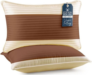 Pack of 2 Down Alternative Bed Pillows, 1250g Fill, Cotton Blend Cover, Hotel Quality, 50x75cm (Brown-Cream)