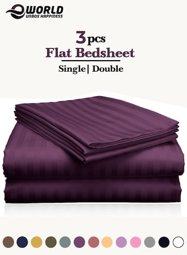 3-Piece Luxury Purple Striped Bed Sheet Set, Ultra-Soft Cotton Flat Sheet with 2 Pillowcases for Hotel &amp; Home &ndash; Single Size (160&times;220cm)