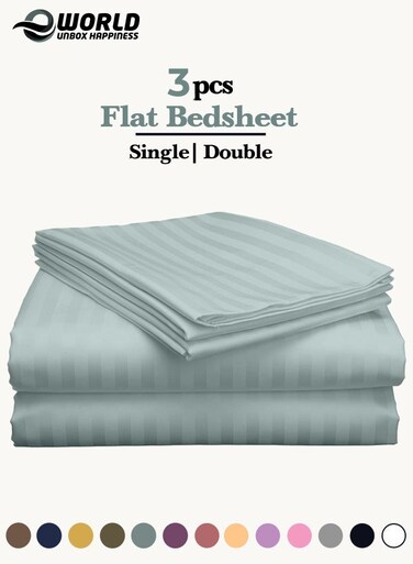 3-Piece Luxury Pastel Green Striped Bed Sheet Set, Ultra-Soft Cotton Flat Sheet with 2 Pillowcases for Hotel &amp; Home &ndash; Single Size (160&times;220cm)