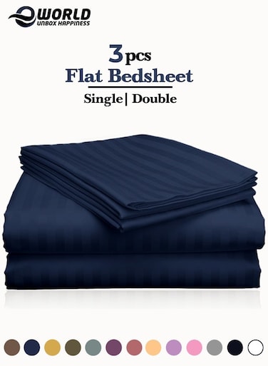 3-Piece Luxury Navy Blue Striped Bed Sheet Set, Ultra-Soft Cotton Flat Sheet with 2 Pillowcases for Hotel &amp; Home &ndash; Double Size (220&times;240cm)