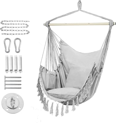 Hammock Chair Hanging Rope Swing with Hardware Kit, 2 Cushions &amp; Side Pocket, Indoor/Outdoor Use, Grey