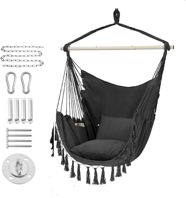 Hammock Chair Hanging Rope Swing with Hardware Kit, 2 Cushions &amp; Side Pocket, Indoor/Outdoor Use, Black
