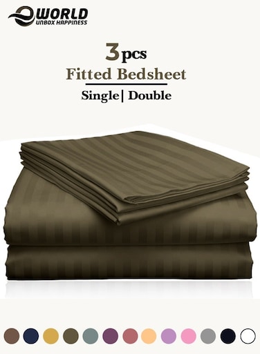 3-Piece Luxury Olive Green Striped Bed Sheet Set, Ultra-Soft Cotton Fitted Sheet with 2 Pillowcases for Hotel &amp; Home &ndash; Single Size (160&times;220cm)