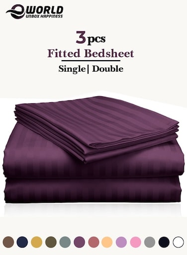 3-Piece Luxury Purple Striped Bed Sheet Set, Ultra-Soft Cotton Fitted Sheet with 2 Pillowcases for Hotel &amp; Home &ndash; Single Size
