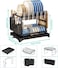 2-Tier Dish Drying Rack for Kitchen Counter, Stainless Steel Dish Drainer with Drainboard &amp; Utensil Holder, Large Capacity Organizer, Black &amp; White