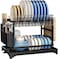 2-Tier Dish Drying Rack for Kitchen Counter, Stainless Steel Dish Drainer with Drainboard &amp; Utensil Holder, Large Capacity Organizer, Black &amp; White