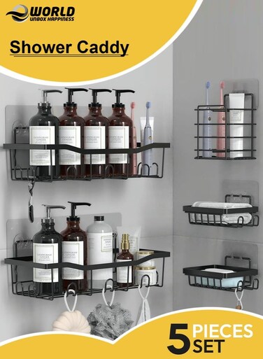 Shower Caddy Set of 5, Stainless Steel Bathroom Organizer with 2 Large Racks, 2 Soap Holders &amp; 1 Toothbrush Holder, No-Drill Adhesive Wall Mount