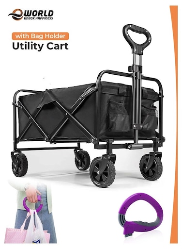 Foldable Shopping Cart, Heavy-Duty 100kg Utility Trolley with Adjustable Handle, 360&deg; Wheels &amp; Waterproof Fabric, Compact for Camping, Beach, Garden &amp; Daily Use &ndash; Black