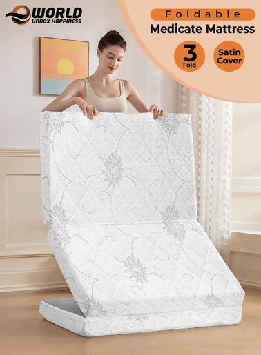 Premium Tri-Fold Medicated Foam Mattress with White Satin Cover, Portable &amp; Multi-Functional Foldable Mattress for Lounging, Seating &amp; Travel