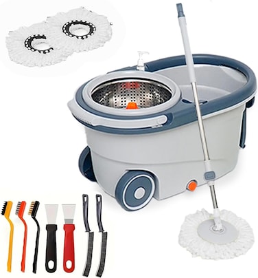 Spin Mop and Bucket Set with Detachable Spinning Bucket, Wheels, Stainless Steel Handle, Reusable Microfiber Mop Heads &amp; 7Pcs Cleaning Brushes, 6L Capacity