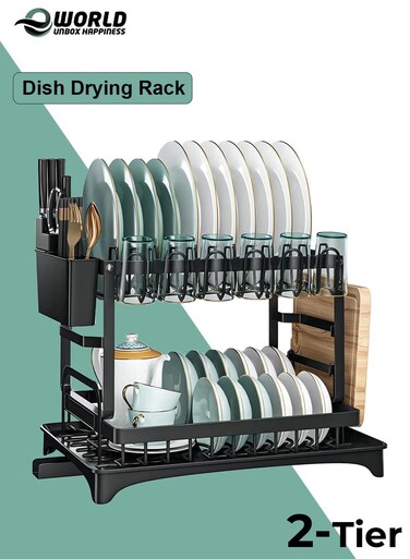 2-Tier Dish Drying Rack, Black Stainless Steel Dish Drainer with Drip Tray, Cup, Utensil &amp; Cutting Board Holder, Rustproof Sink Rack for Kitchen Countertop