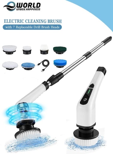 Cordless Electric Spin Scrubber with 7 Replaceable Drill Brush Heads, 54in Adjustable Extension Arm &amp; 2500mAh Battery with Type-C Fast Charger &ndash; Bathroom, Kitchen, Floor &amp; Tile Cleaning