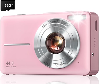44MP HD Digital Camera with 32GB Card, 1080P Video, 2.4" Screen, 16X Zoom, Anti-Shake, Portable Photo Camera for Kids, Teens &amp; Beginners, Pink