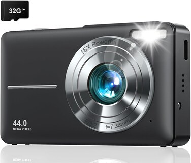 44MP HD Digital Camera with 32GB Card, 1080P Video, 2.4" Screen, 16X Zoom, Anti-Shake, Portable Photo Camera for Kids, Teens &amp; Beginners, Black